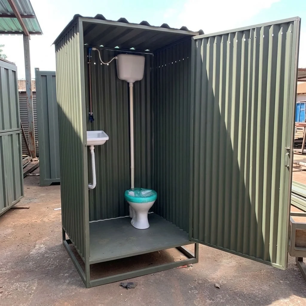 Banheiro container Multiloc com a porta aberta, mostrando vaso sanitário, pia e caixa de descarga