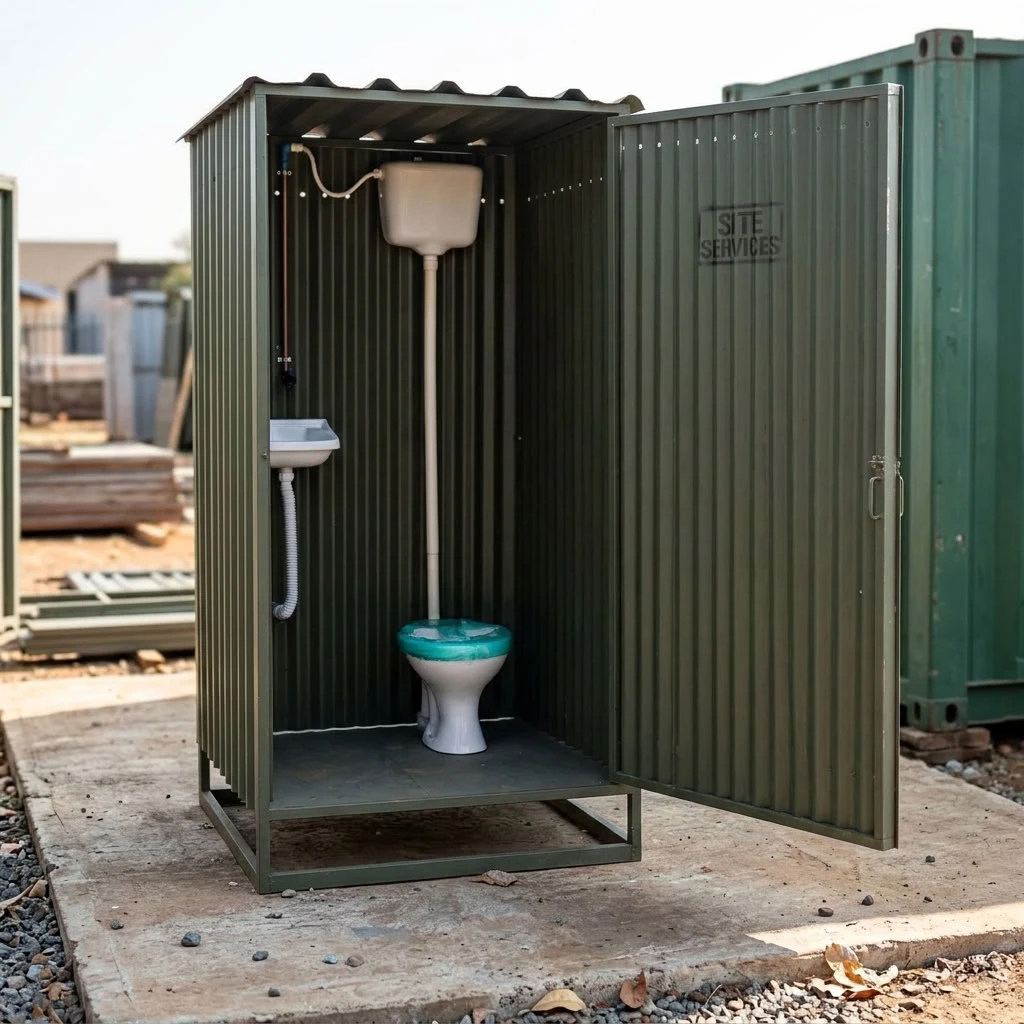 Banheiro container sobre base de concreto, pronto para uso