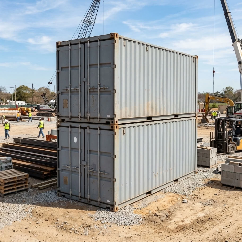 Dois containers marítimos empilhados em canteiro de obra