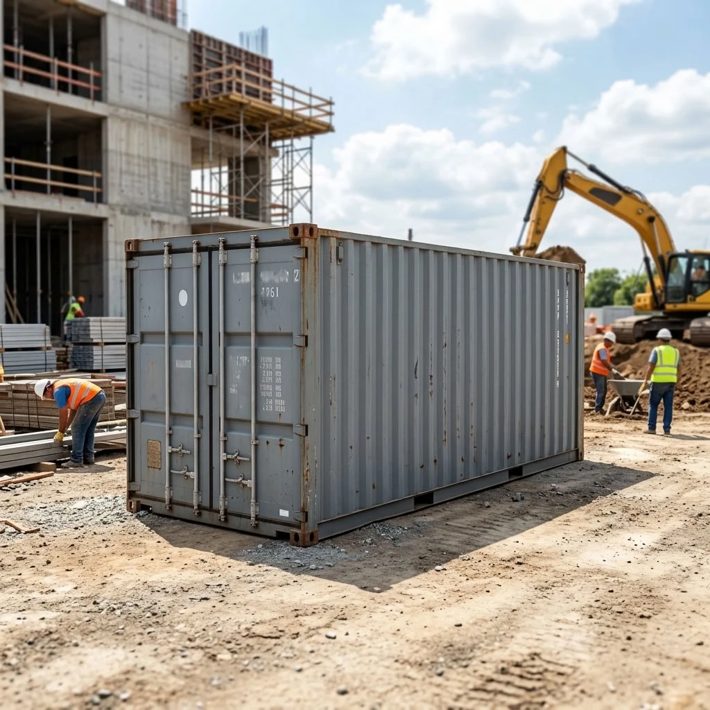 Container marítimo de aço posicionado em obra